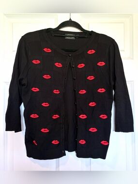 Voodoo Vixen Embroidered Kiss Print Cardigan Black Red Pinup Rockabilly Size L